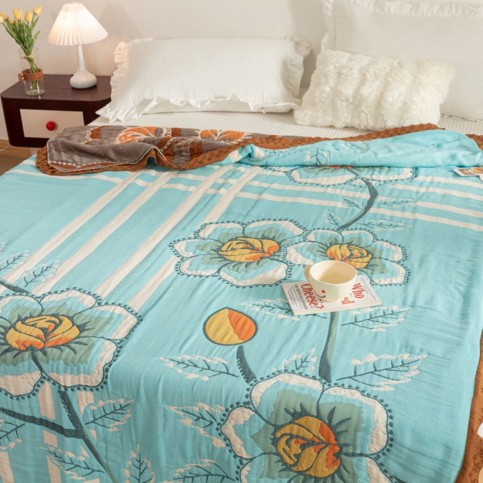 91家纺网 家纺一手货源 找家纺 乐家毛巾被 2024新款十层纱布泡芙被 蓝底芙蓉