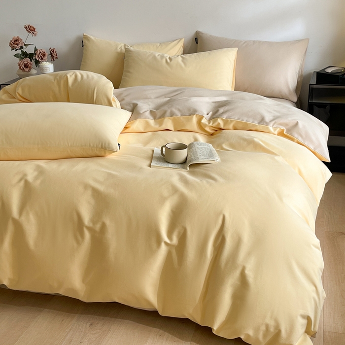 91家纺网 家纺一手货源 找家纺 涵宸家纺 2024新款全棉磨毛四件套纯厚系列（简）-四件套 纯厚（嫩黄+茶色）