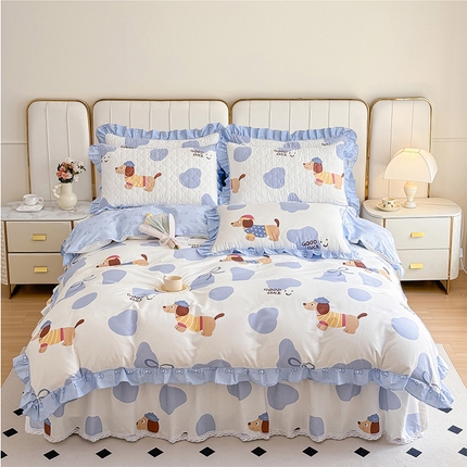 91家纺网 家纺一手货源 找家纺 （总）爱妮玖玖家纺 2024新款全棉印花小蕾丝夹棉床裙配花边被套四件套