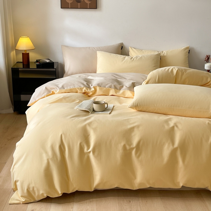 91家纺网 家纺一手货源 找家纺 涵宸家纺 2024新款全棉磨毛四件套纯厚系列（简）-四件套 纯厚（嫩黄+茶色）