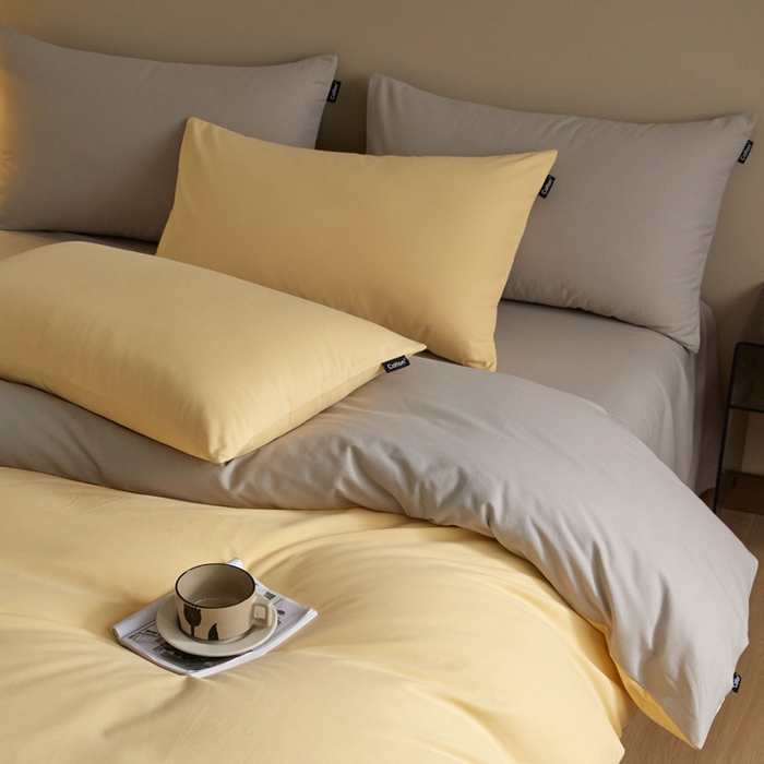 91家纺网 家纺一手货源 找家纺 涵宸家纺 2024新款全棉磨毛四件套纯厚系列（轻）-单被套 纯厚（嫩黄+漫灰）