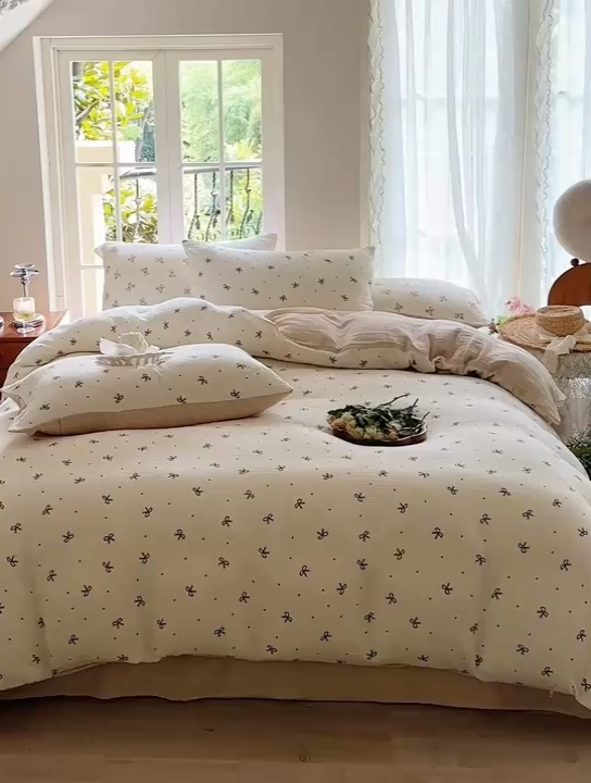 91家纺网 家纺一手货源 找家纺 木楌  2025新款全棉A类皱皱纱印花四件套 宁静