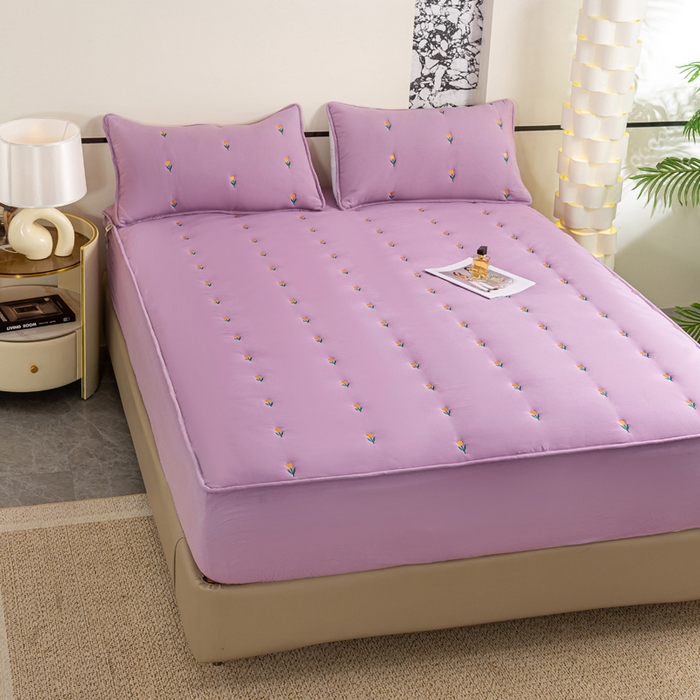 91家纺网 家纺一手货源 找家纺 米柳家纺 2024新款水洗棉大豆夹棉床笠 郁金香-黛紫