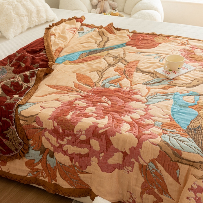 91家纺网 家纺一手货源 找家纺 乐家毛巾被 2024新款十层纱布泡芙被 牡丹杜鹃