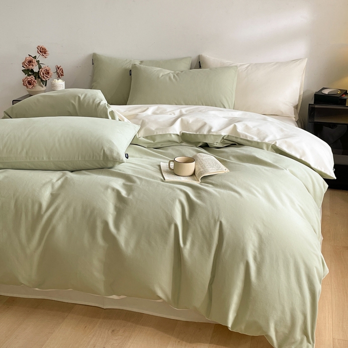 91家纺网 家纺一手货源 找家纺 涵宸家纺 2024新款全棉磨毛四件套纯厚系列（简）-四件套 纯厚（古今绿+奶白）