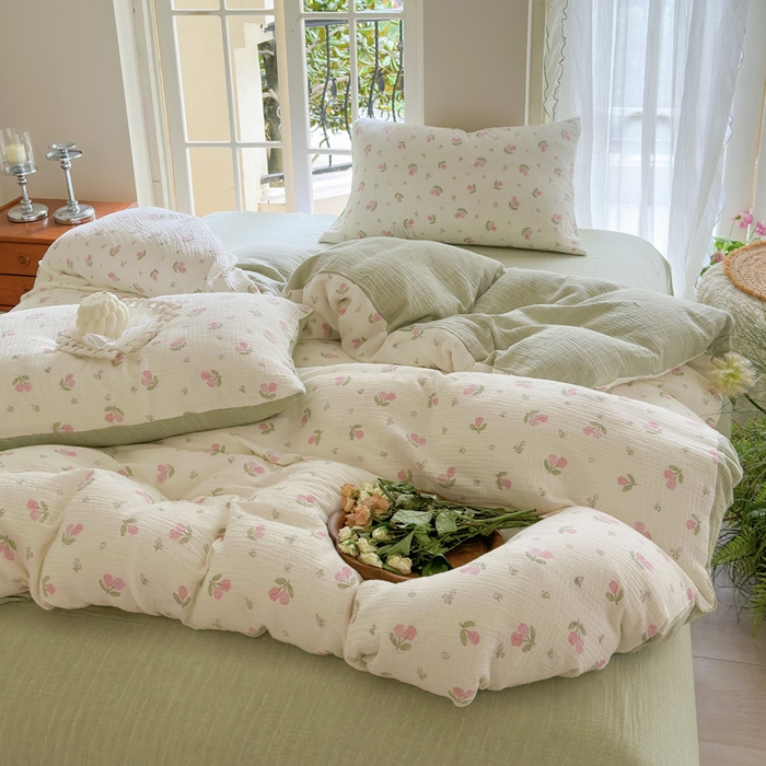 91家纺网 家纺一手货源 找家纺 木楌  2025新款全棉A类皱皱纱印花四件套 丁香-绿