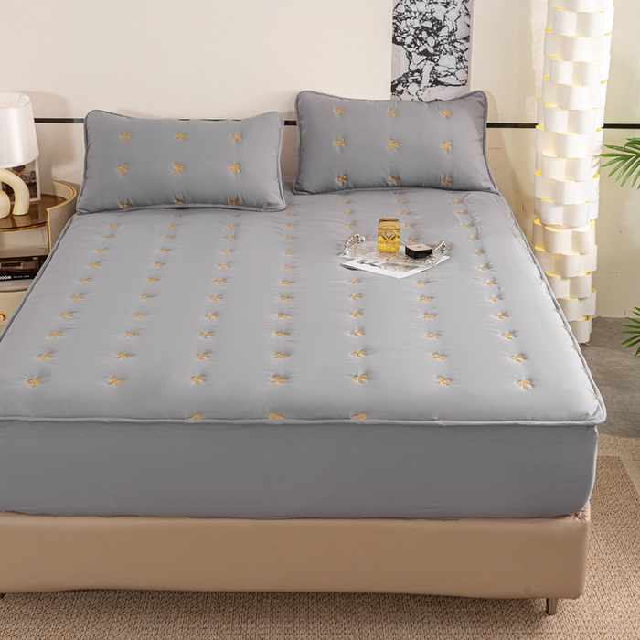 91家纺网 家纺一手货源 找家纺 米柳家纺 2024新款水洗棉大豆夹棉床笠 蝴蝶结-雅灰