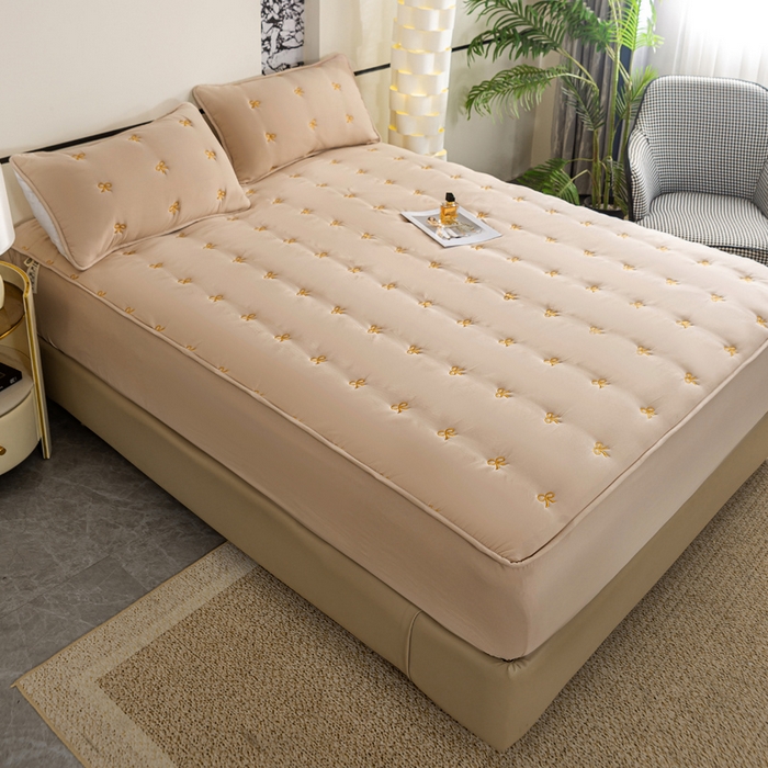 91家纺网 家纺一手货源 找家纺 米柳家纺 2024新款水洗棉大豆夹棉床笠 蝴蝶结-浅咖