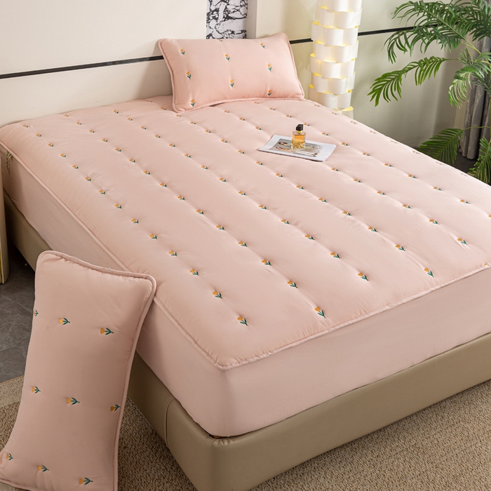 91家纺网 家纺一手货源 找家纺 米柳家纺 2024新款水洗棉大豆夹棉床笠 郁金香-粉玉