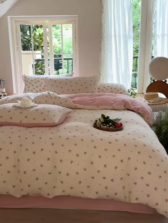 91家纺网 家纺一手货源 找家纺 木楌  2025新款全棉A类皱皱纱印花四件套 璎珞