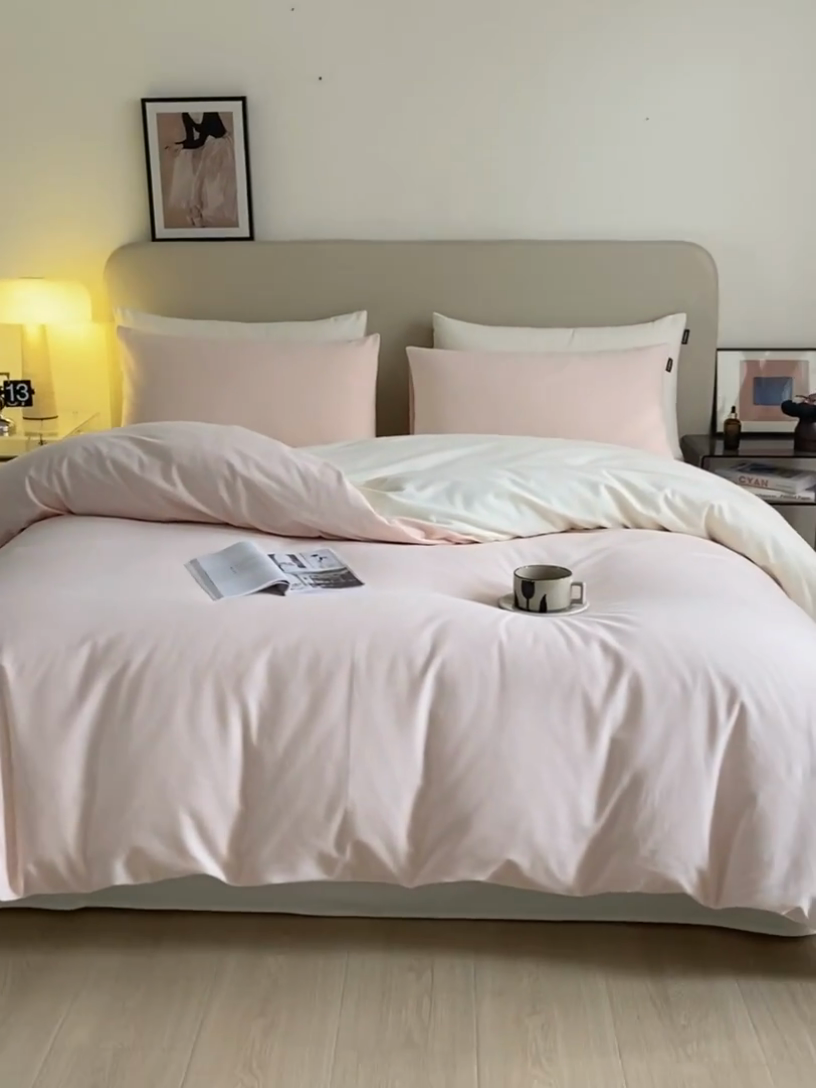 91家纺网 家纺一手货源 找家纺 涵宸家纺 2024新款全棉磨毛四件套纯厚系列（轻）-四件套 纯厚（樱花粉+奶白）