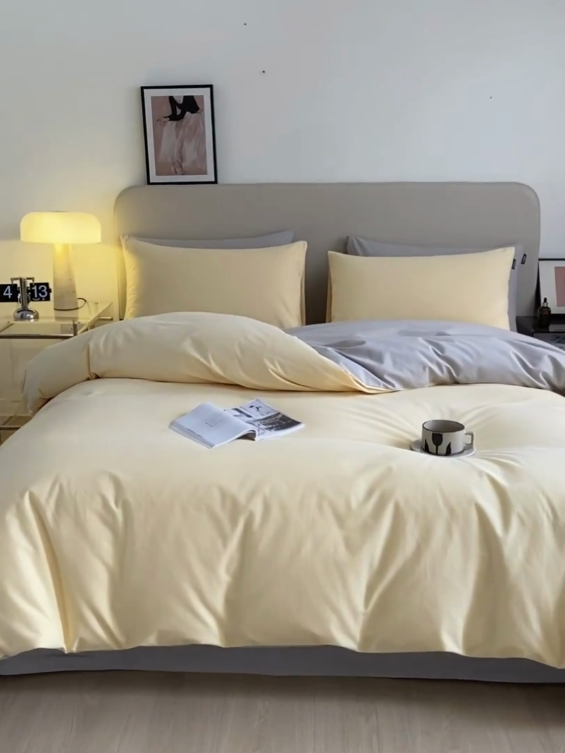 91家纺网 家纺一手货源 找家纺 涵宸家纺 2024新款全棉磨毛四件套纯厚系列（轻）-四件套 纯厚（嫩黄+漫灰）