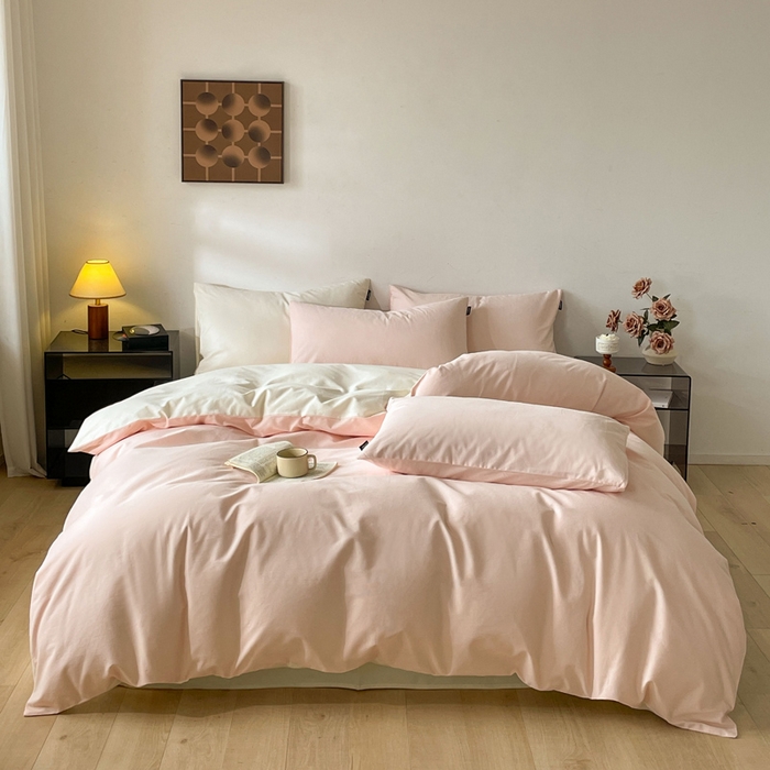 91家纺网 家纺一手货源 找家纺 涵宸家纺 2024新款全棉磨毛四件套纯厚系列（简）-四件套 纯厚（樱花粉+奶白）