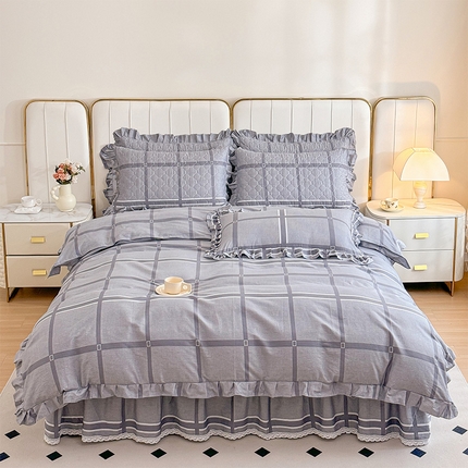 91家纺网 家纺一手货源 找家纺 （总）爱妮玖玖家纺 2024新款全棉印花小蕾丝夹棉床裙配花边被套四件套