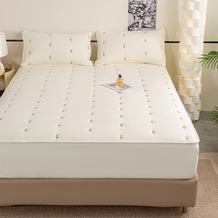 91家纺网 家纺一手货源 找家纺 米柳家纺 2024新款水洗棉大豆夹棉床笠 郁金香-米白