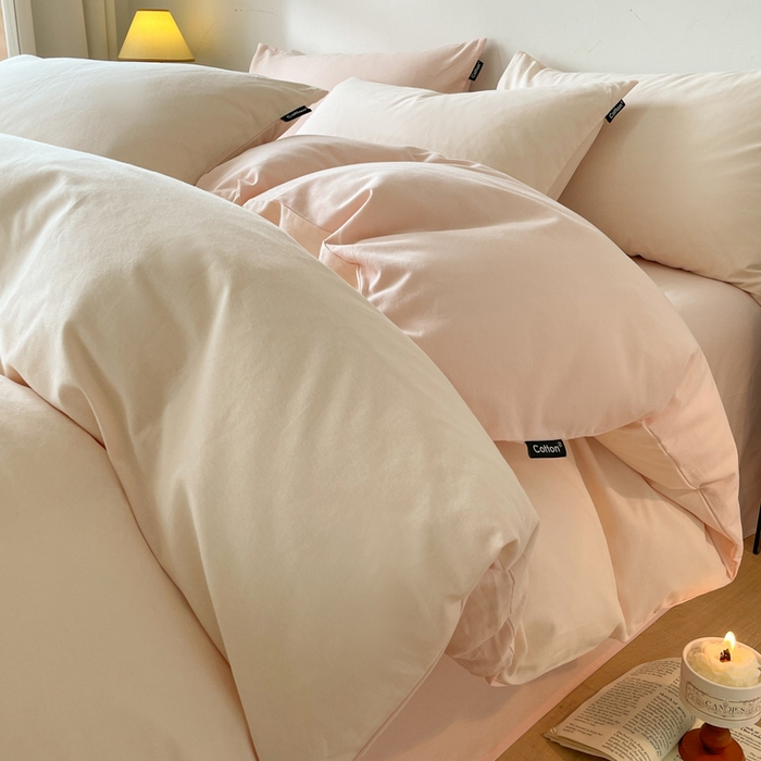 91家纺网 家纺一手货源 找家纺 涵宸家纺 2024新款全棉磨毛四件套纯厚系列（简）-四件套 纯厚（白桃+粉）