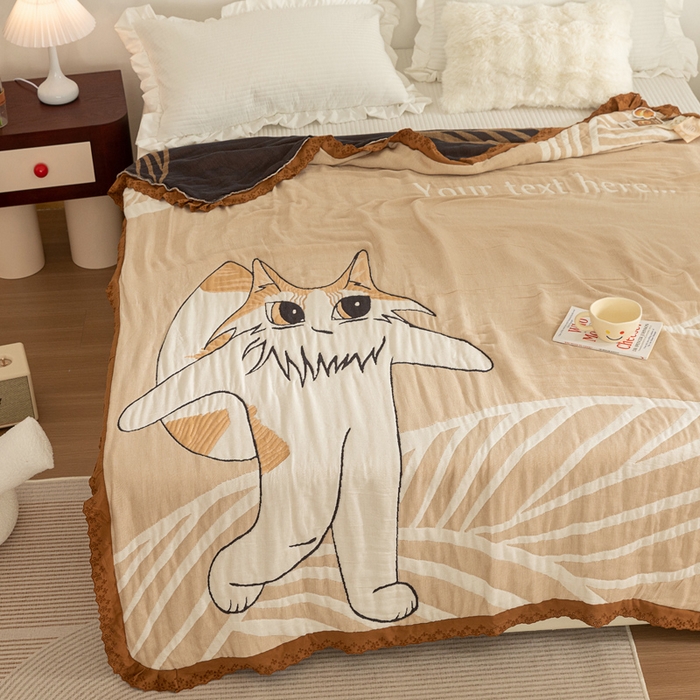 91家纺网 家纺一手货源 找家纺 乐家毛巾被 2024新款十层纱布泡芙被 旅行猫