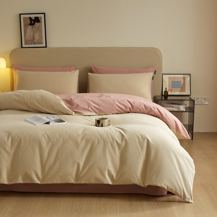 91家纺网 家纺一手货源 找家纺 涵宸家纺 2024新款全棉磨毛四件套纯厚系列（轻）-四件套 纯厚（奶茶色+豆沙）