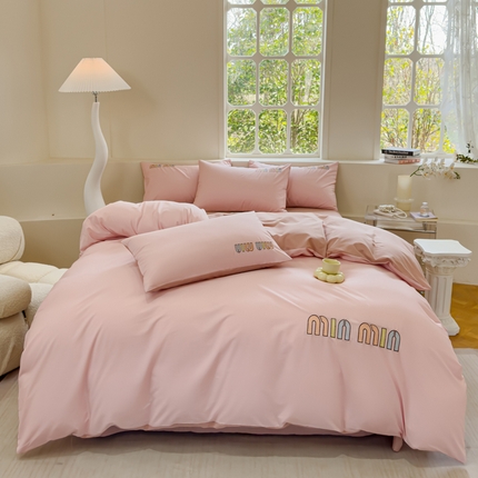 星尚家纺 2024新款A类全棉水洗棉刺绣四件套-缪系列 蜜桃粉