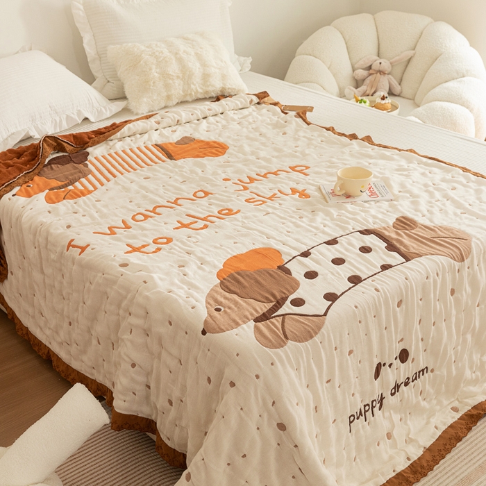 91家纺网 家纺一手货源 找家纺 乐家毛巾被 2024新款十层纱布泡芙被 斑点狗