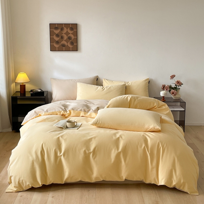 91家纺网 家纺一手货源 找家纺 涵宸家纺 2024新款全棉磨毛四件套纯厚系列（简）-四件套 纯厚（嫩黄+茶色）