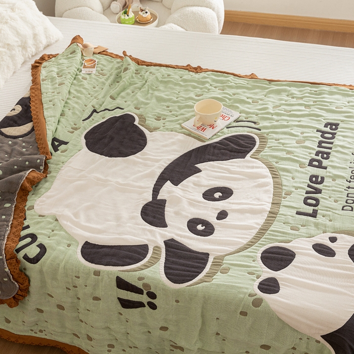 91家纺网 家纺一手货源 找家纺 乐家毛巾被 2024新款十层纱布泡芙被 绿地熊猫