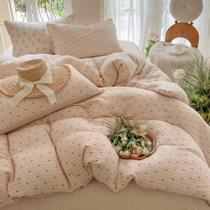 91家纺网 家纺一手货源 找家纺 木楌  2025新款全棉A类皱皱纱印花四件套可心咖