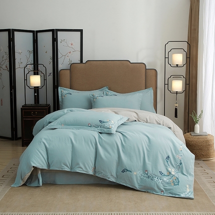 91家纺网 家纺一手货源 找家纺 金纱玉纺家纺 2024新款百分之百全棉新款轻奢刺绣四件套-恬静时光 恬静时光-灰绿