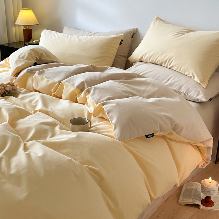 91家纺网 家纺一手货源 找家纺 涵宸家纺 2024新款全棉磨毛四件套纯厚系列（简）-四件套 纯厚（嫩黄+茶色）