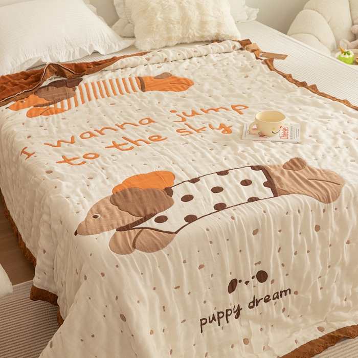 91家纺网 家纺一手货源 找家纺 乐家毛巾被 2024新款十层纱布泡芙被 斑点狗