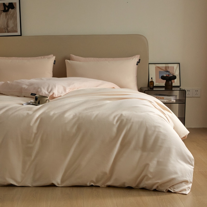 91家纺网 家纺一手货源 找家纺 涵宸家纺 2024新款全棉磨毛四件套纯厚系列（轻）-四件套 纯厚（白桃+粉）