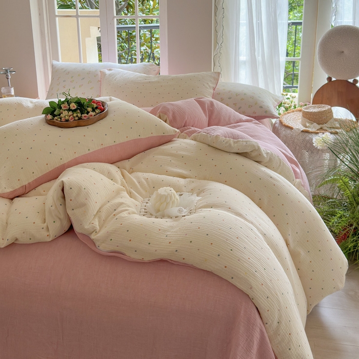 91家纺网 家纺一手货源 找家纺 木楌  2025新款全棉A类皱皱纱印花四件套 奶油波点