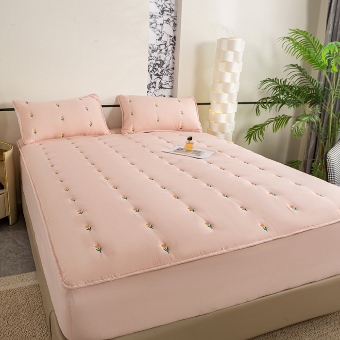 91家纺网 家纺一手货源 找家纺 米柳家纺 2024新款水洗棉大豆夹棉床笠 郁金香-粉玉