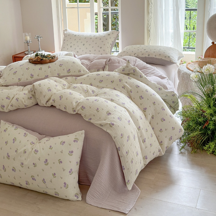 91家纺网 家纺一手货源 找家纺 木楌  2025新款全棉A类皱皱纱印花四件套 丁香-紫