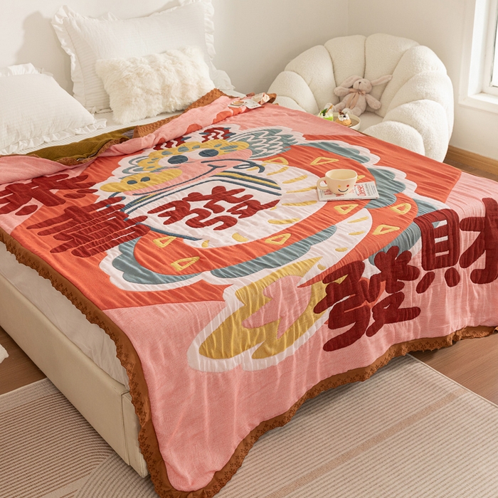 91家纺网 家纺一手货源 找家纺 乐家毛巾被 2024新款十层纱布泡芙被 恭喜发财