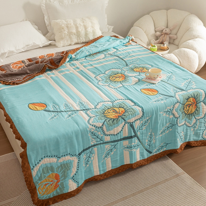 91家纺网 家纺一手货源 找家纺 乐家毛巾被 2024新款十层纱布泡芙被 蓝底芙蓉