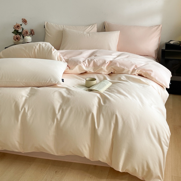 91家纺网 家纺一手货源 找家纺 涵宸家纺 2024新款全棉磨毛四件套纯厚系列（简）-四件套 纯厚（白桃+粉）