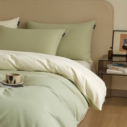 涵宸家纺 2024新款全棉磨毛四件套纯厚系列（轻）-四件套 纯厚（古今绿+奶白）
