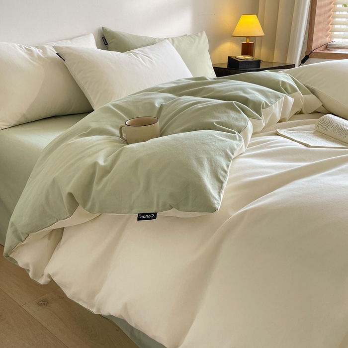 91家纺网 家纺一手货源 找家纺 涵宸家纺 2024新款全棉磨毛四件套纯厚系列（简）-四件套 纯厚（奶白+绿）