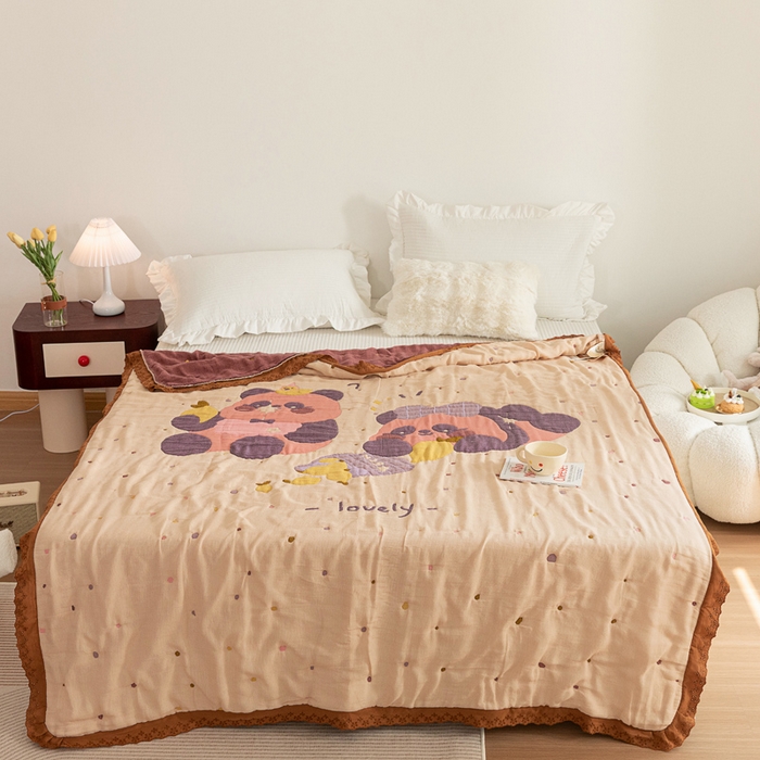 91家纺网 家纺一手货源 找家纺 乐家毛巾被 2024新款十层纱布泡芙被 两只熊猫粉