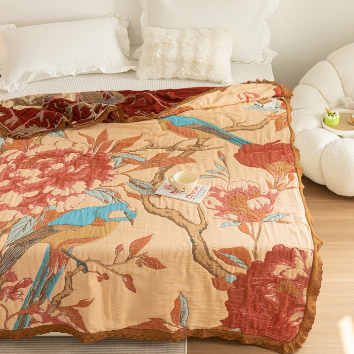 91家纺网 家纺一手货源 找家纺 乐家毛巾被 2024新款十层纱布泡芙被 牡丹杜鹃