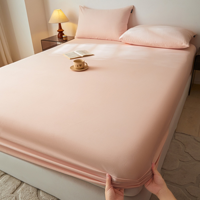 91家纺网 家纺一手货源 找家纺 涵宸家纺 2024新款全棉磨毛四件套纯厚系列-单床笠 a樱花粉