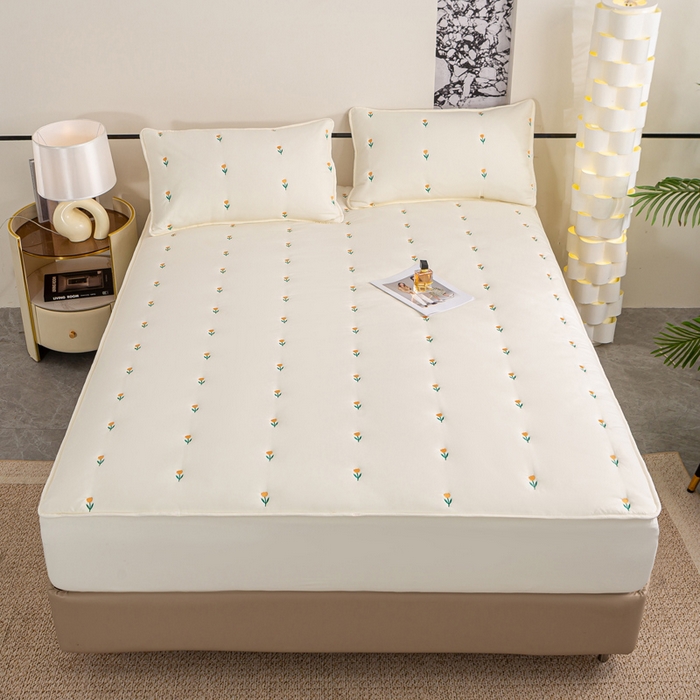 91家纺网 家纺一手货源 找家纺 米柳家纺 2024新款水洗棉大豆夹棉床笠 郁金香-米白