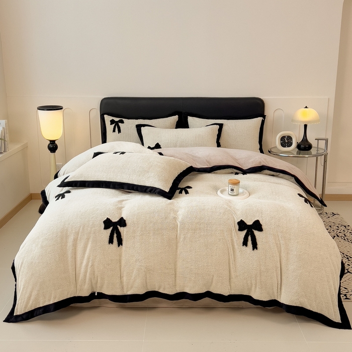 91家纺网 家纺一手货源 找家纺 丝羽坊 2024新款阳离子舒棉绒牛奶绒提花四件套 蝴蝶结-奶白