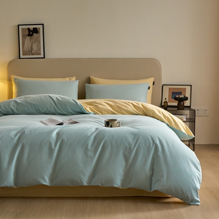 91家纺网 家纺一手货源 找家纺 涵宸家纺 2024新款全棉磨毛四件套纯厚系列（轻）-单被套 纯厚（爱琴海+黄）