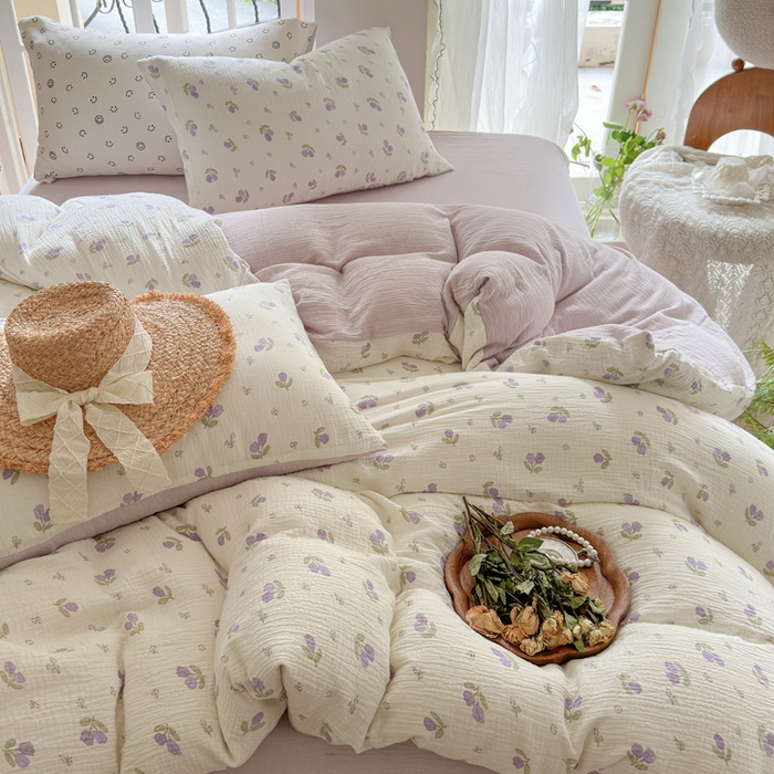 91家纺网 家纺一手货源 找家纺 木楌  2025新款全棉A类皱皱纱印花四件套 丁香-紫