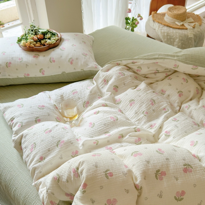 91家纺网 家纺一手货源 找家纺 木楌  2025新款全棉A类皱皱纱印花四件套 丁香-绿