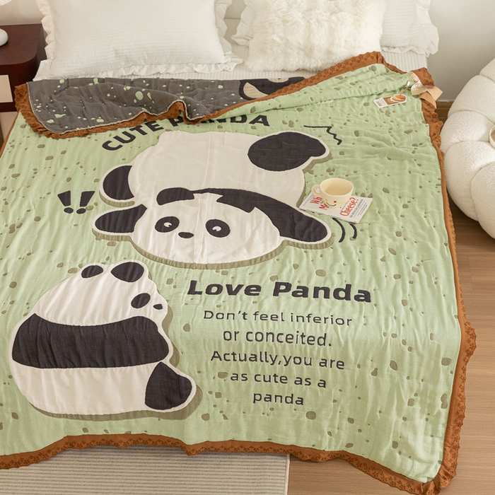 91家纺网 家纺一手货源 找家纺 乐家毛巾被 2024新款十层纱布泡芙被 绿地熊猫