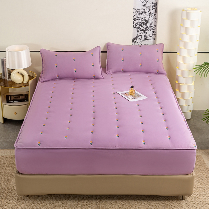 91家纺网 家纺一手货源 找家纺 米柳家纺 2024新款水洗棉大豆夹棉床笠 郁金香-黛紫