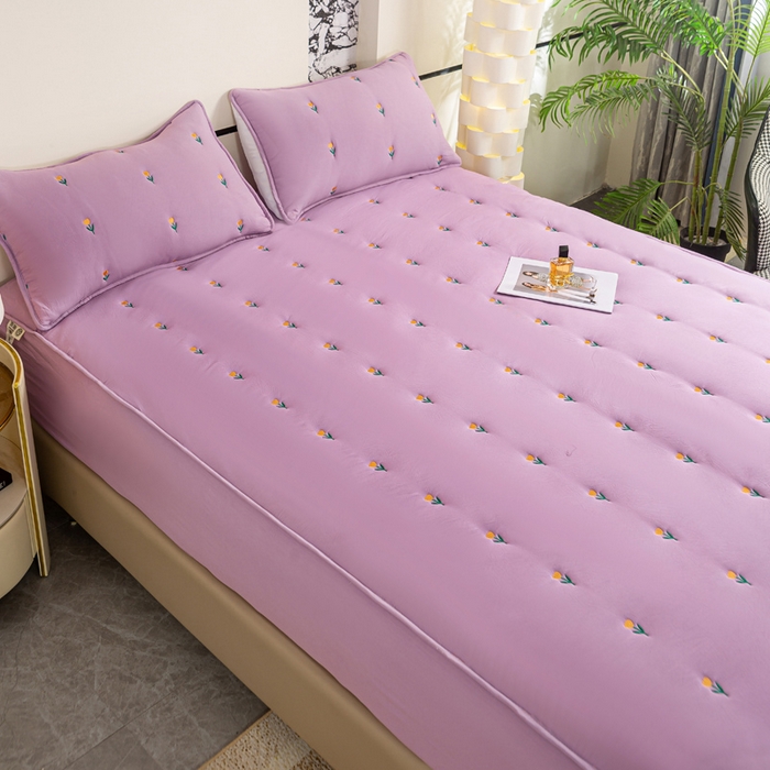 91家纺网 家纺一手货源 找家纺 米柳家纺 2024新款水洗棉大豆夹棉床笠 郁金香-黛紫